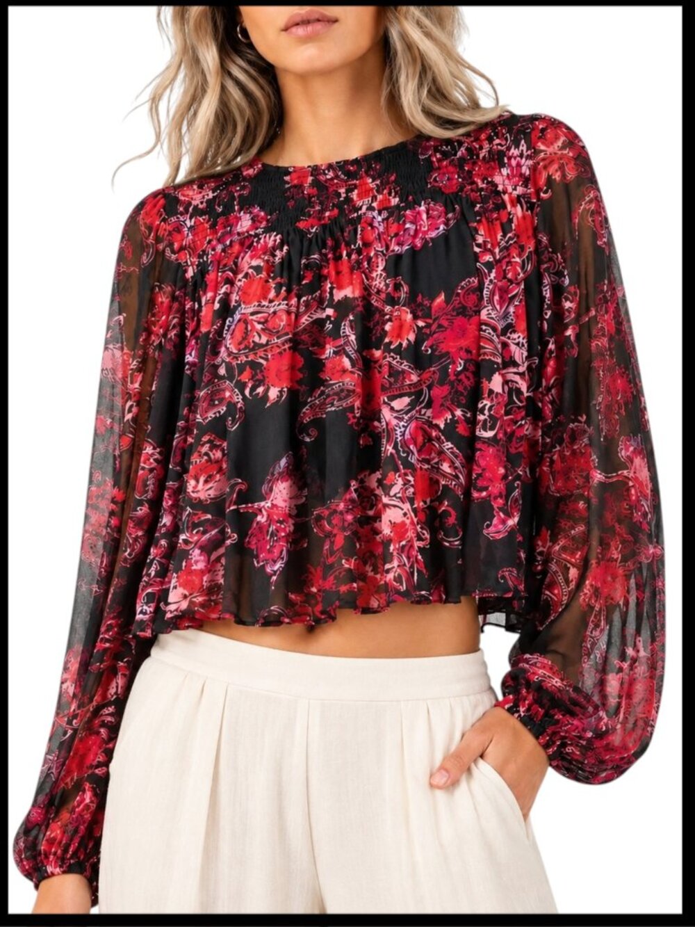 Free People Up For Anything Blouse Black Red Floral Smocked L